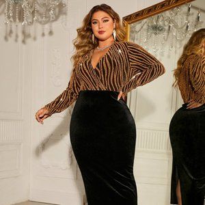 Plus Size Surplice Neck Long Sleeve Slit Dress